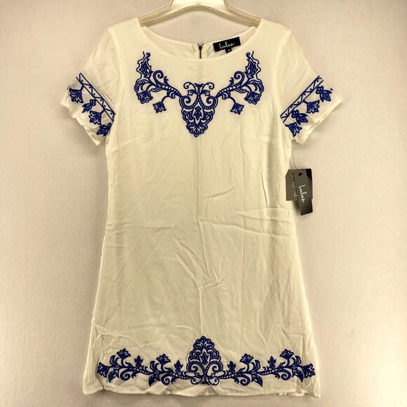 Lulus White/Royal‎ Blue SS Embroidered Dress Ladies Size M New - Picture 1 of 11